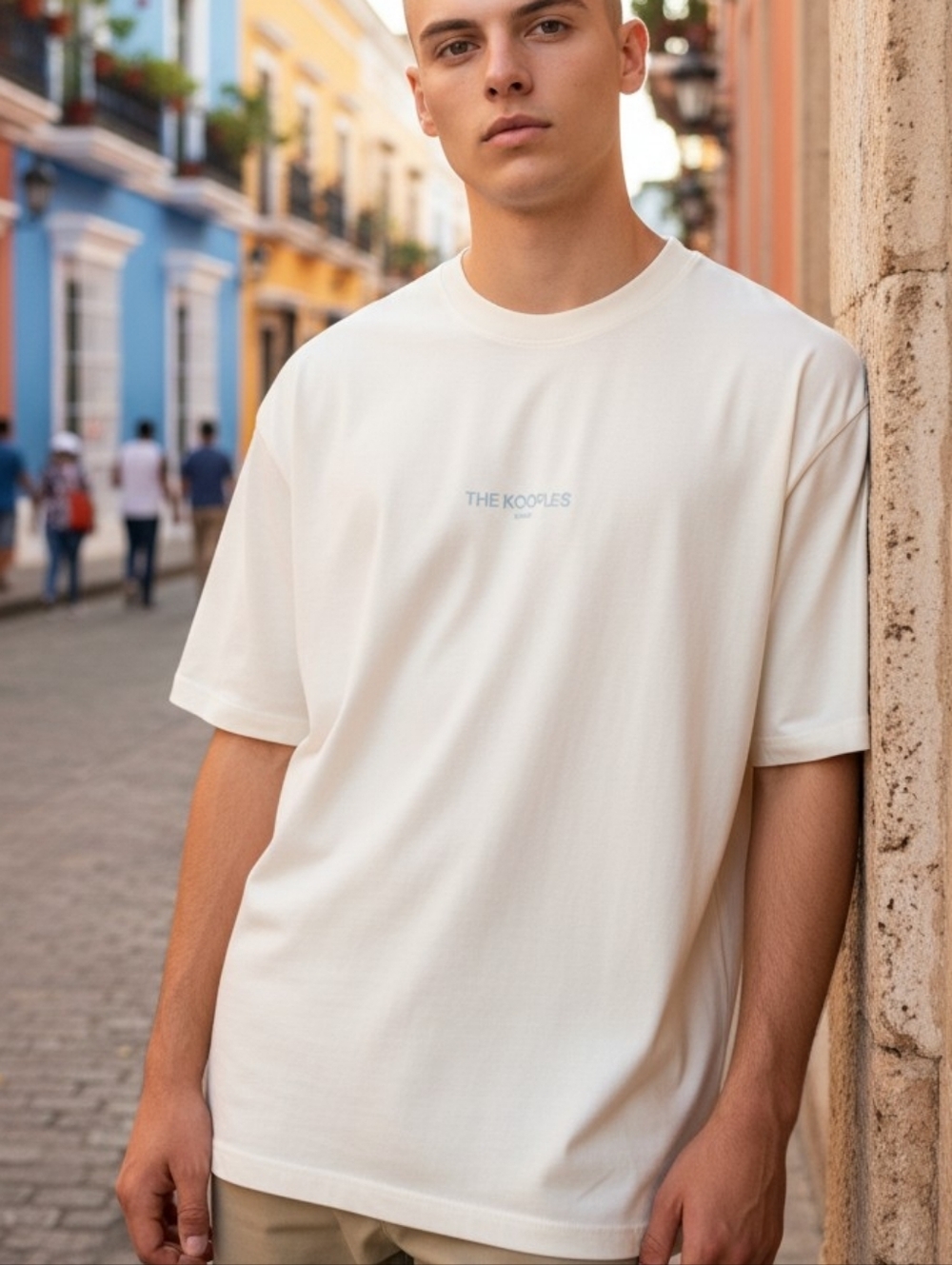 Unisex THE KOOPLES Off-White Short Sleeve Tee XL with Blue Logo